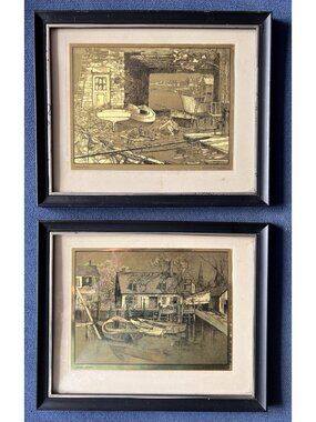 1950s PR Gold Foil LIONEL BARRYMORE Metal Etchings "Home Port" "Harbor Shelter"